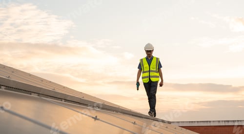 Preview: Engineer service check installation solar cell on the roof of factory. Silhouette technician inspect