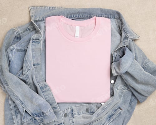 Preview: Flat Lay Arrangement Of Pink T-Shirt And Denim Jacket