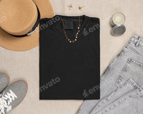 Preview: Blank black women t-shirt mockup with summer accessories, crewneck template for print on demand