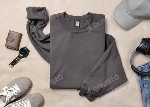 Preview: Blank grey unisex sweatshirt mockup, folded crewneck with denim jeans and mens accessories