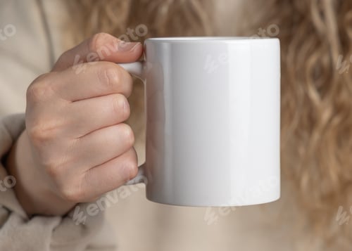 Preview: Blank white 11 oz coffee mug mockup in hand of young woman closeup, ceramic cup template