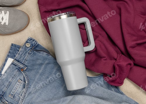 Preview: Blank grey 40oz tumbler mockup, stainless steel travel thermos on denim and dark red sweatshirt