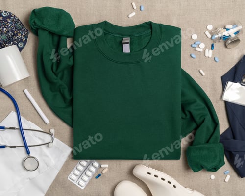 Preview: Blank dark green unisex sweatshirt mockup with medical accessories topview, print on demand template