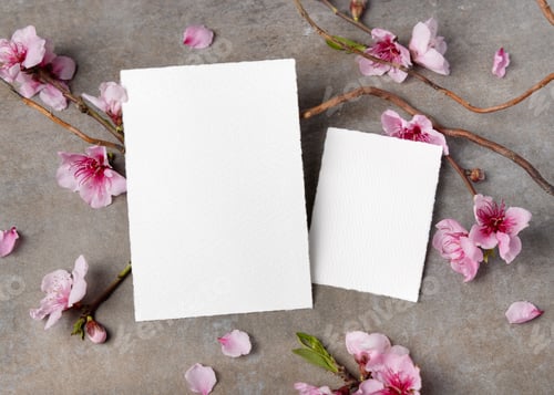 Preview: Blank cards set mockup with pink cherry blossoms and twigs on grey stone. Spring wedding stationery