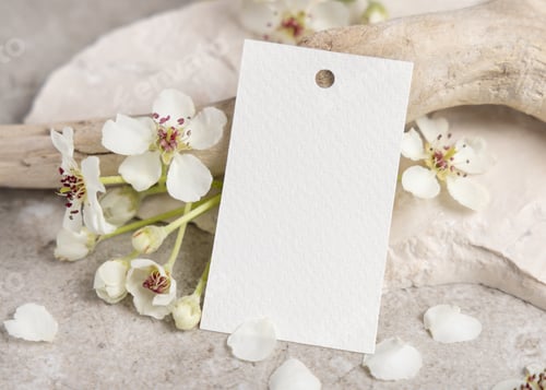 Preview: Blank vertical gift tag mockup with white spring flowers and driftwood on light stone, product tag