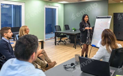 Preview: Confident hispanic woman leading a business presentation using whiteboard in meeting