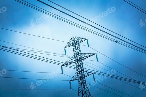 Preview: High transmission tower and wires seen from a low angle, overhead power cables.