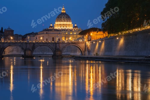 Preview: View of the Basilica of St Peter's at Dusk Looking aross the Tiber River