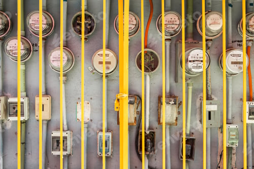 Preview: Electric meters for multiple residences behind protective iron gate, Cancun, Yucatan Peninsula, Quin