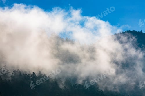 Preview: Fog and clouds through mountains, Orcas Island, San Juan Island, WA USA