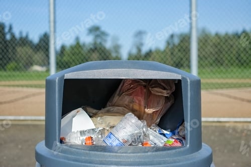 Preview: Overflowing trash in trashcan at sports field