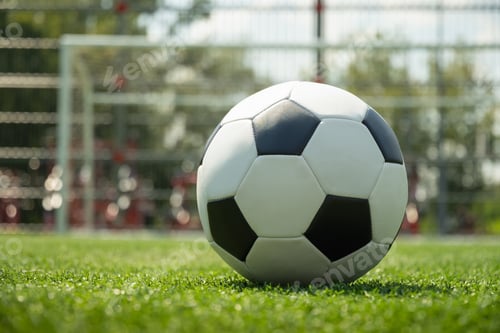 Preview: Soccer ball on grass field shallow depth sport background