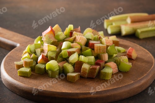 Preview: Closeup chopped rhubarb on wooden plate fresh organic texture