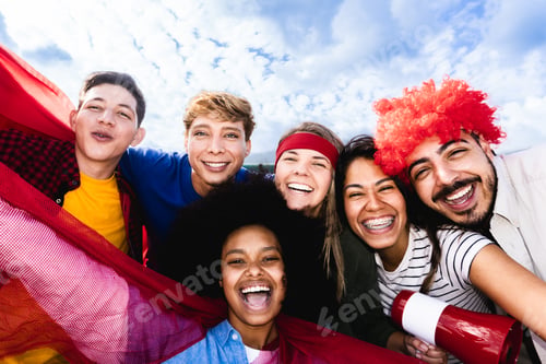 Preview: Football sport fans taking selfie pic with mobile phone celebrating victory of their favorite team a