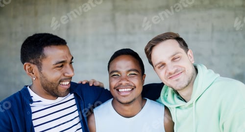 Preview: Happy diverse male friends having fun outdoors - Lgbt community and pride month event concept