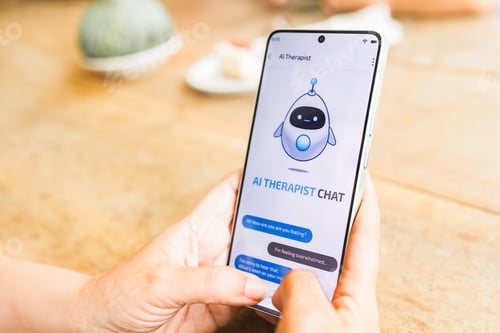 Preview: AI therapy, Hands chat on smartphone app for mental health support. Psychological software assistant