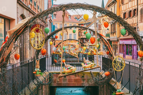 Preview: Detail of Easter bunny ornaments and spring decorations in old Colmar