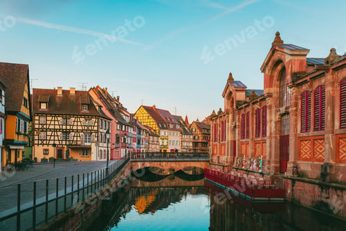 Preview: Colmar historic center at sunrise with intense colors and no visitors in Alsace France