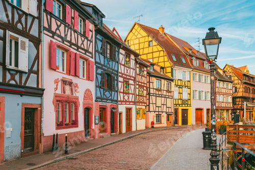 Preview: Colmar canal district at morning showing end view with church and facades