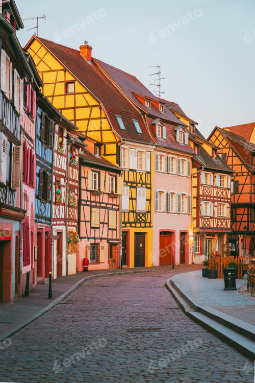 Preview: Empty Colmar street at golden hour dawn with rich warm tones on facades