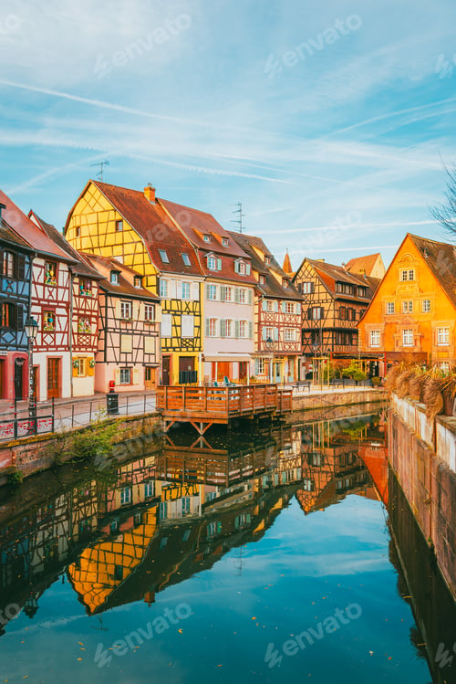 Preview: Colmar street at morning showing typical Alsatian painted shutters detail