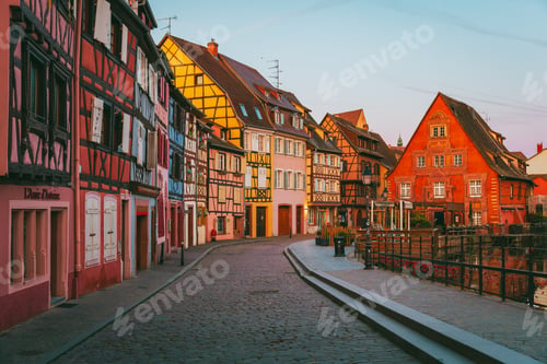 Preview: Colmar historic square completely empty at dawn with dramatic light in Alsace France