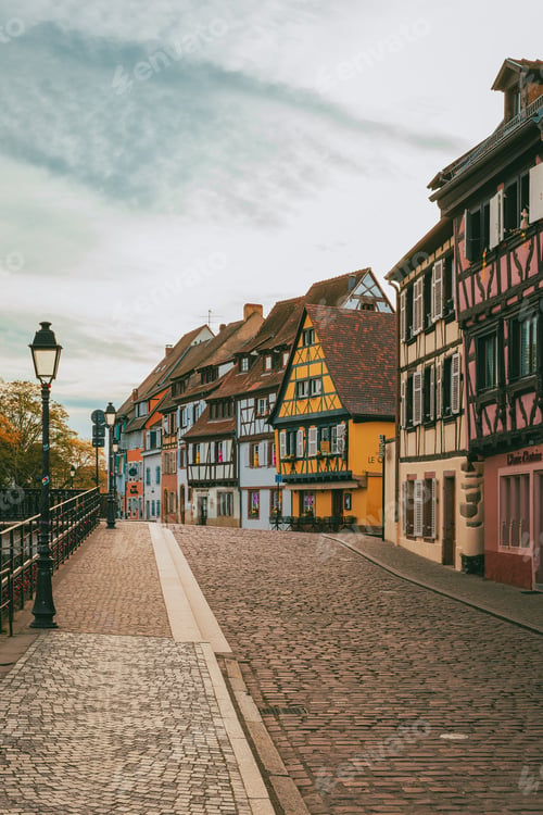 Preview: Colmar historic district at morning with long shadows and empty cobblestone