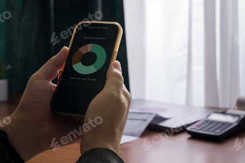 Preview: Adult man checking monthly expenses on mobile banking app at home