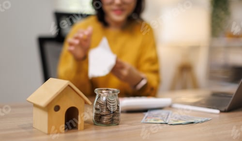 Preview: Woman managing budget on laptop, calculating expenses