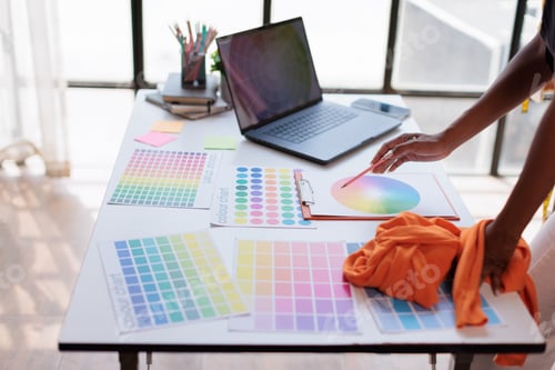 Preview: Designer's hand selecting colors from a color wheel on a creative workspace, using color charts and