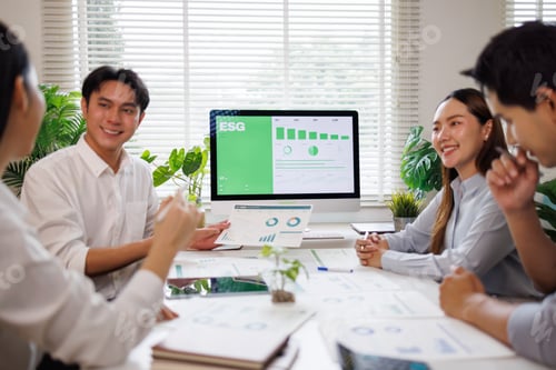 Preview: Business team discussing esg sustainable development strategy in meeting