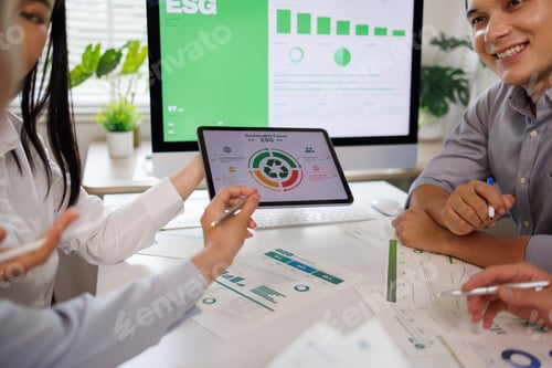Preview: Business team analyzing esg sustainable future report data