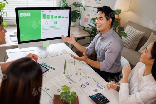 Preview: Business team discussing esg data and sustainable investment strategy
