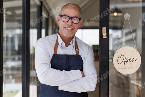 Preview: Smiling business owner standing by shop entrance with open sign