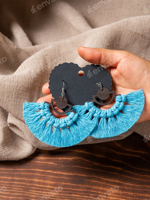 Preview: Bohemian Handcrafted Fan Shaped Blue Tassel Earrings with Geometric Wood Accent