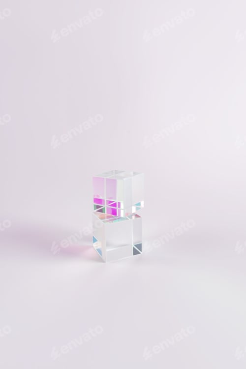 Preview: Two transparent cubic prisms are stacked on top of each other with multi-colored edges from the refr