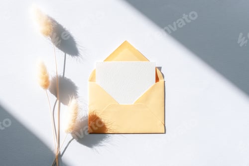 Preview: Envelope with blank card and bunny tail grass on white background with light and shadows. Top view,