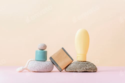 Preview: Natural skincare products with cosmetic containers, natural soap and pumice stone on yellow backgrou