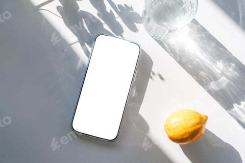 Preview: Minimal flat lay with mobile phone, glass of water and citrus fruit on white background with shadows
