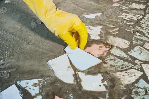 Preview: Hand placing broken ceramic tiles into wet mortar, creating mosaic. Upcycling old materials