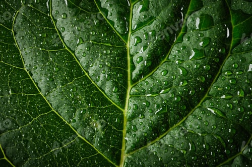 Preview: Green leaf showing vibrant texture and veins with many fresh water drops