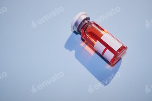 Preview: Vial containing red liquid for vaccine or treatment, casting blue shadow