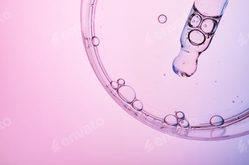 Preview: Pipette dripping pink liquid creating bubbles in glass petri dish, concept of science