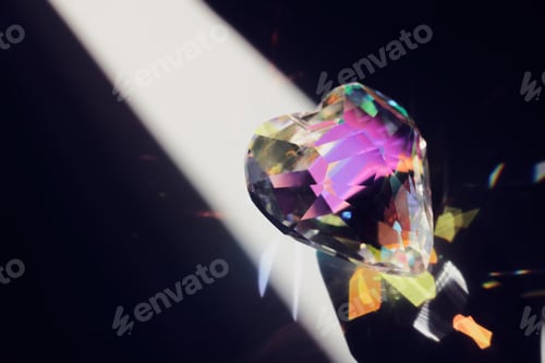 Preview: Crystal heart scatters light, creating vibrant colors and shimmering reflections on dark background