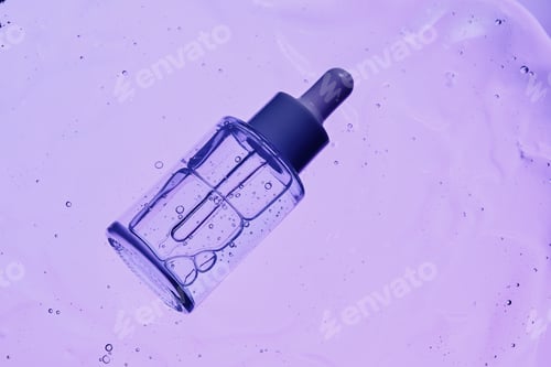 Preview: Clear cosmetic liquid inside glass bottle with dropper amidst textured gel and bubbles