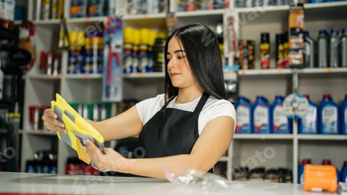 Preview: Female store employee arranging yellow cleaning cloths on a counter in a retail store