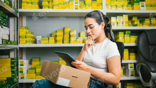 Preview: Woman checking products and managing inventory using a digital tablet in a warehouse