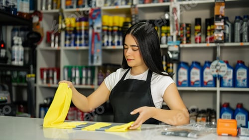 Preview: Woman wearing apron working at counter, folding a yellow safety vest in an auto parts shop
