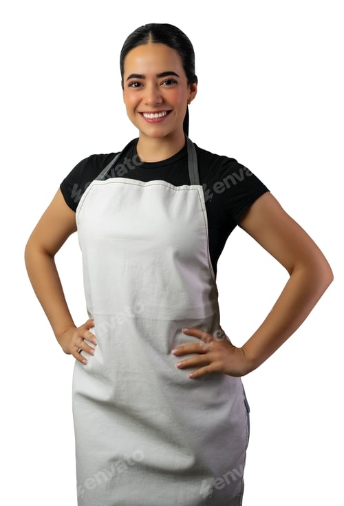 Preview: Smiling woman wearing an apron, hands on hips, expressing confidence