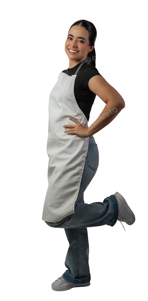Preview: Smiling hispanic young female small business owner wearing a white apron posing against a white back